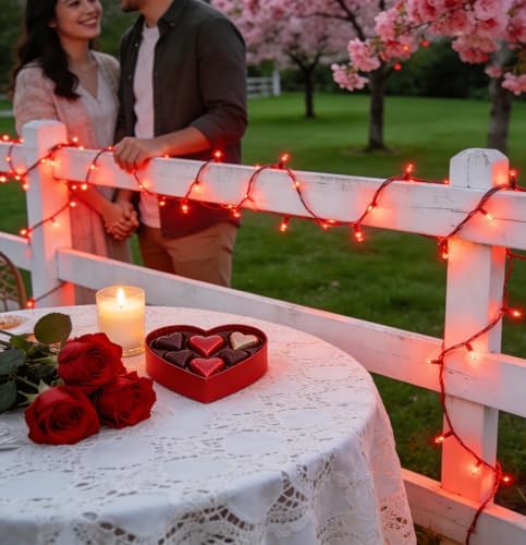 300LED 75FT Valentines Lights Indoor, LED Valentines Decoration Lights with 12 Modes & Timer Memory, Dimmable Plug in Waterproof LED Xmas Light for Yard Trees Wedding Party Holiday Red