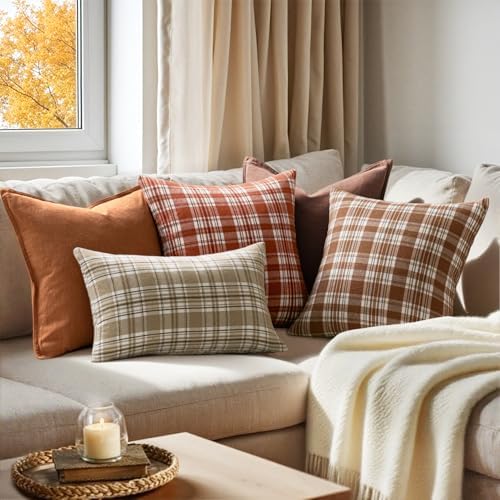 MIULEE Fall Plaid Pillow Covers Scottish Tartan 24x24 Rust Orange