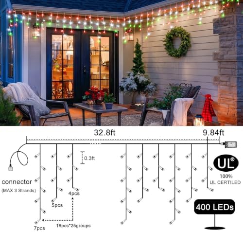 33FT Icicle Lights for Outside 400 LED Red White and Green Christmas Lights