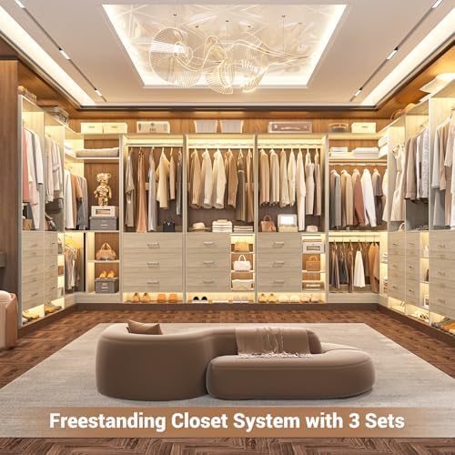Aheaplus Closet System with 6 Drawers, 4 Hanging Rods & Corner Tower, Corner Closet System with Hanging, 86.8" L-Shaped Walk-In Wardrobe Organizer, 2000+ lbs Capacity, Set of 3, White Oak