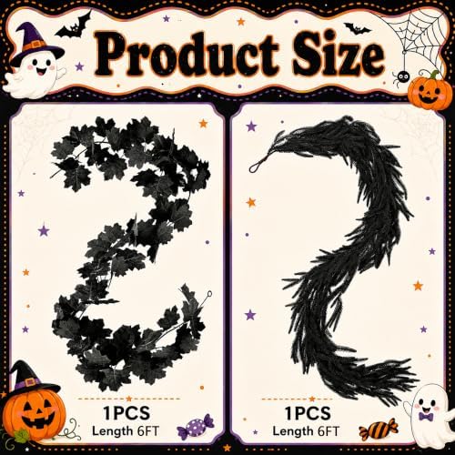 2 Pcs Black Norfolk Pine Maple Leaf Garland, Spooky Halloween Garland Set