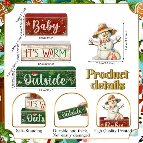 Lineshading 4 Pcs Christmas Table Decoration, Wooden Snowman Beach Sign Set