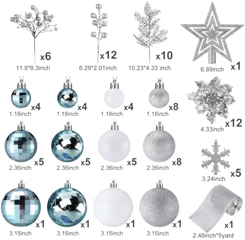 Sratte 94 Pcs Christmas Tree Ornaments Decoration Set, Blue, White, Silver