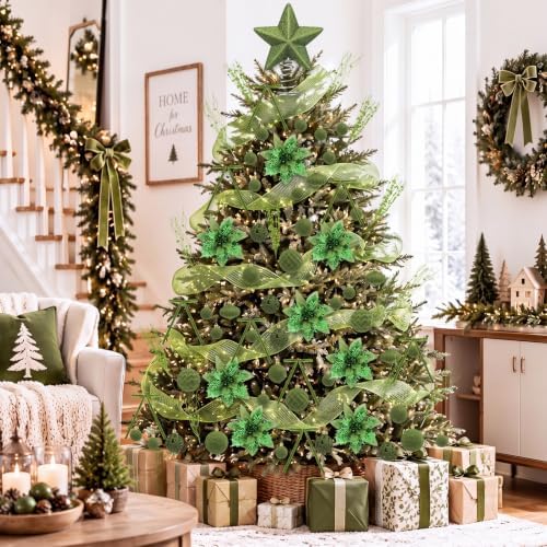 84 Pcs Christmas Tree Decorations Star Topper Ornaments Artificial Poinsettia Flowers Green Balls Velvet Bow Berry Picks Christmas Tree Hanging Ornaments for Xmas Home Office Decorations