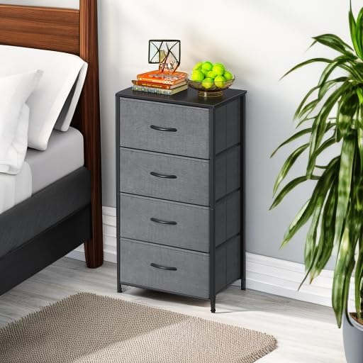 AODK Small Dresser for Bedroom with 4 Storage Drawers, Dark Grey | Dressers Chest of Drawers Fabric Dresser with Sturdy Steel Frame, Dressers for Closet with Wood Top