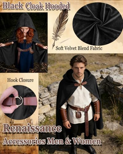 kasahara Renaissance Hooded Cloak Medieval Costume Accessories for Men Women Halloween Costume Cape Belt Pouch Bracers