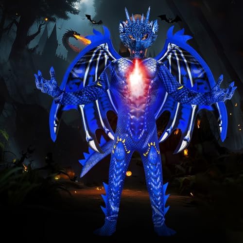 digi Dragon Costume for kids,Halloween costume Scary Goblin Dragon Full Body Jumpsuit with Wings Tail Spikes for boy 4-12