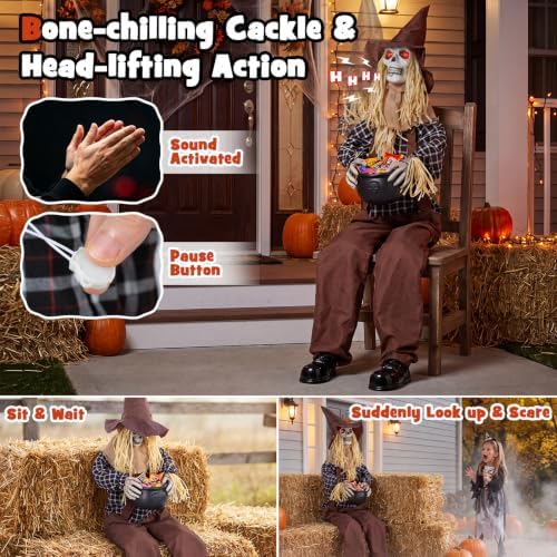 Tangkula 4.4 FT Animated Halloween Sitting Scary Scarecrow Decoration