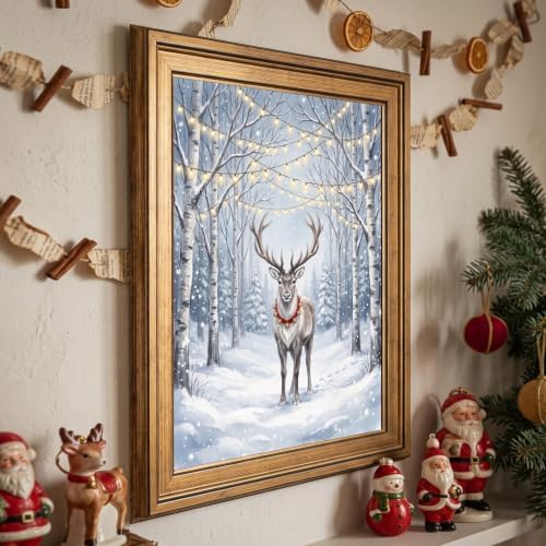 Framed Reindeer Canvas Art Gold Frame Winter Landscape Inch 24x36