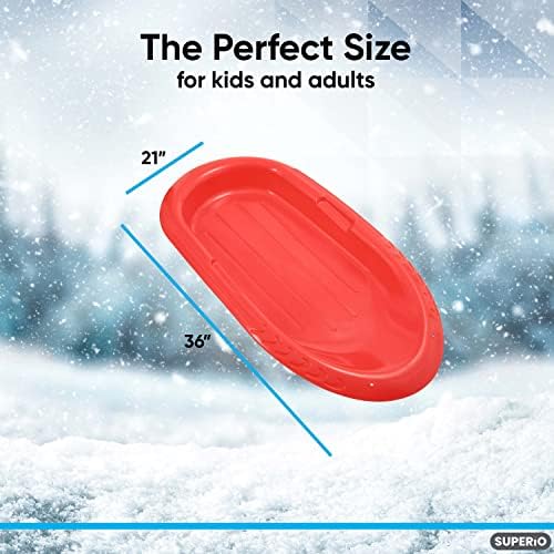 Superio Toboggan Snow Sled for Kids and Adults, Heavy Duty Plastic Slider with Handles and Hole for Pull Ropes- Kid and Adult Winter Fun