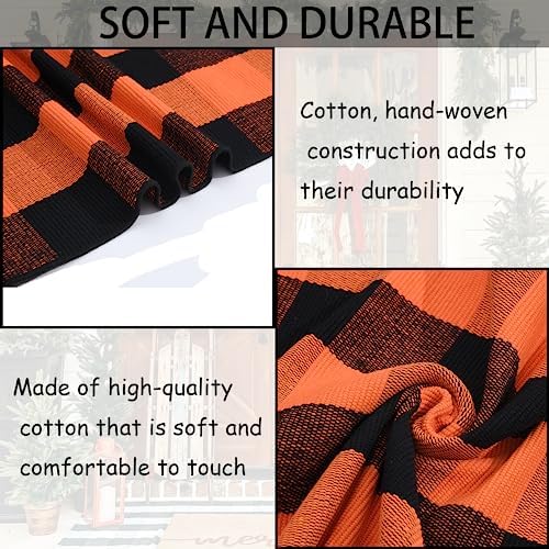 Orange and Black Plaid Rug, 4' x 6' Fall Outdoor Front Door Decor Mat, Cotton Washable Hand-Woven Rug for Layered Doormat, Autumn Halloween Thanksgiving Carpet for Porch, Entryway