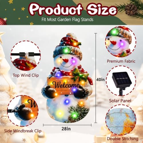 28x40 Solar Christmas Snowman Garden Flag, Outdoor Decor