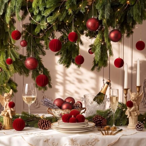 Civaner 52 Pcs Velvet Christmas Ball Ornaments Flocked Christmas Tree Hanging Ornaments 3 Assorted Size Shatterproof Xmas Ball Decorations Set for Xmas Holiday Winter Party Decor (Burgundy)