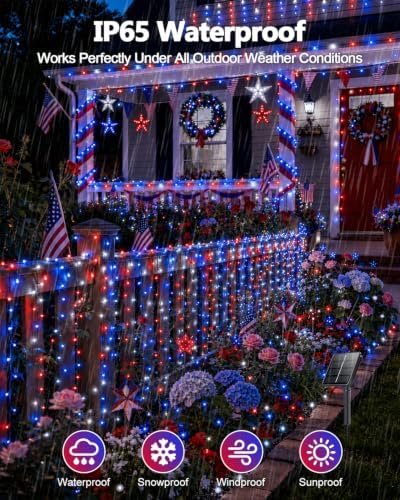 OZS 2 Pack 240 LED 4th of July Solar String Lights, Red White Blue
