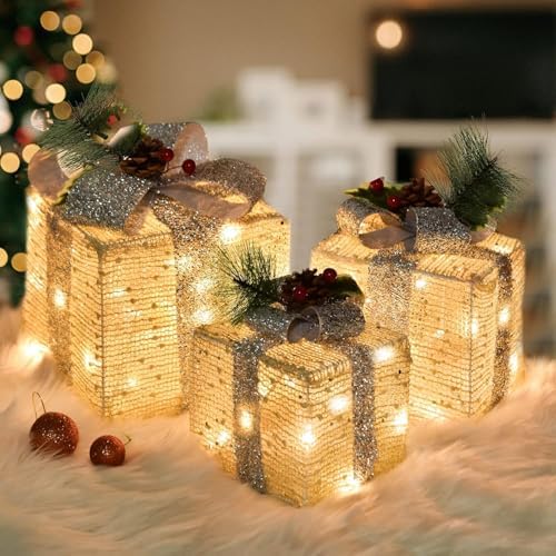 Set of 3 Lighted Gift Boxes, Warm White Indoor Christmas Decor