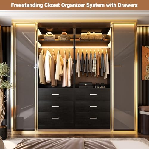 Besiost Freestanding Closet System with 3 Drawers, Wood Closet Organizer