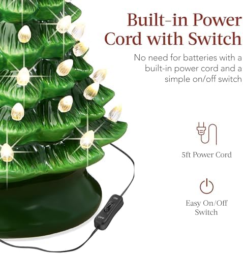 Best Choice Products 15in Ceramic Christmas Tree, Pre-lit Hand-Painted Tabletop Holiday Tree, 2 Star Toppers, 64 Lights - Green w/Warm White Bulbs