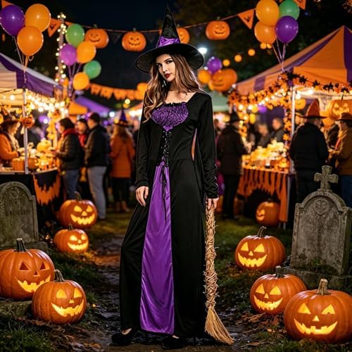 Colorful House Women Wicked Witch Costume Dress with Hat for Halloween