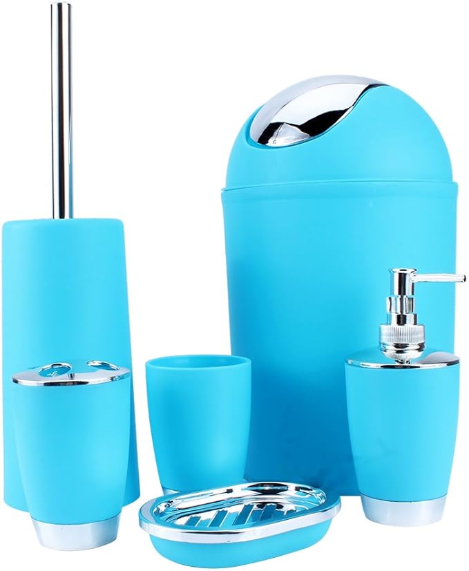 6 Piece Bathroom Set Eco-Friendly Resin Bathroom Accessories Set Glass Cup Toothbrush Holder Soap Holder Hand Sanitizer Bottle Trash Bin and Toilet Brush Cleaning Tool Accessories for Bathroom
