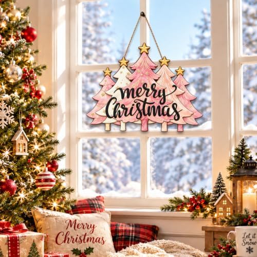 Christmas Decorations Pink Pine Tree Merry Christmas Hanging Wooden Sign