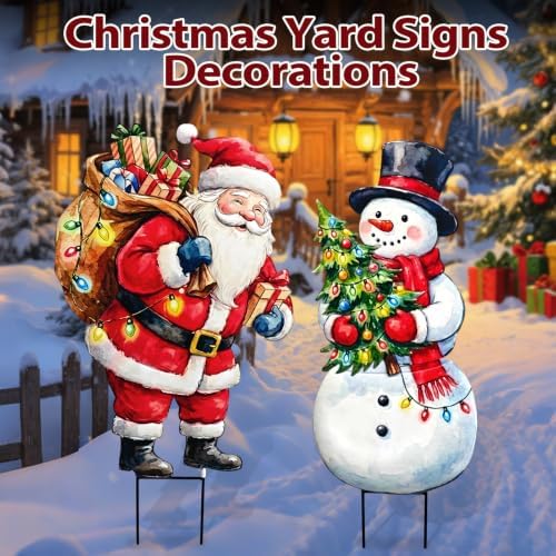 BRIGHTDECK 2 Pack Christmas Snowman Santa Yard Signs Outdoor Decorations