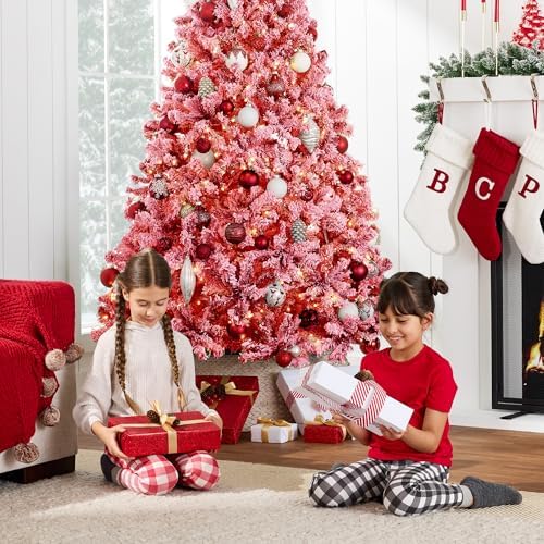 Best Choice Products Pre-Lit Red Christmas Tree, 9ft Artificial Flocked Full Fir Tree, Holiday Decoration w/ 900 Lights, 2,094 Branch Tips