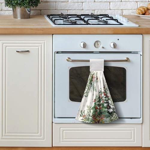 Christmas Tree Hanging Hand Towels Set of 2 Winter Cardinal Snow Xmas Pine Trees Kitchen Towels with Hanging Loop Nature Forest Dish Towel Soft Absorbent Bath Tie Towel for Bathroom Farmhouse Decor