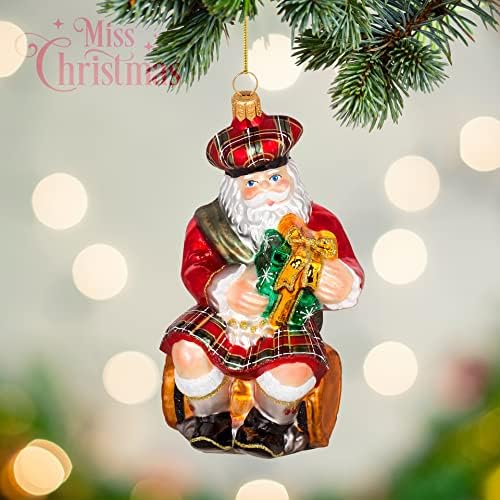 Miss Christmas 2026 Collection Santa Claus Blown Glass Christmas Tree Ornament (Scottish Santa with Whisky Barrel)