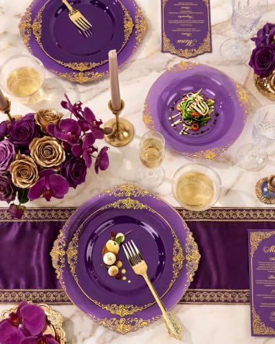 Nervure 175Pcs Purple Plastic Plates, Plastic Dinnerware Set for 25 Guests