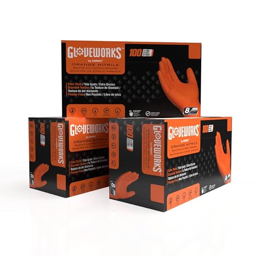 GLOVEWORKS 8 Mil Orange Nitrile Disposable Gloves Heavy Duty Industrial RDT for Mechanic and Automotive Medium 3 Boxes of 100