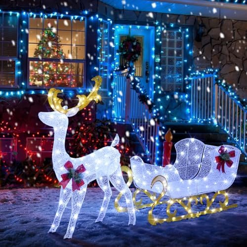 Tangkula 6 FT Christmas Lighted Reindeer & Santa’s Sleigh Set, Cold White