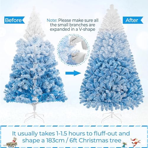 Yaheetech 6ft Prelit Flocked Christmas Tree, Blue & White, 250 Lights