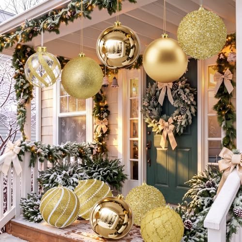 Lyrow 8 Pcs Large Christmas Ball Ornaments 6'' Gold Glitter Xmas Ornaments