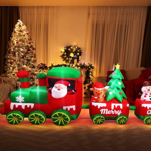 10.7 FT Christmas Inflatables Train with Santa Claus Reindeer Snowman Christmas Tress Built-in LED Lights Blow Up Christmas Decor for Christmas Party Holiday Outdoor Garden Lawn Yard Decorations