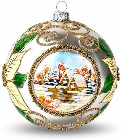 Polish Hand Blown Glass Christmas Ornaments Ball, Wintry Poinsettia 5 in