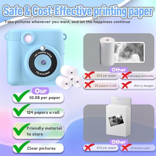 ESOXOFFORE Kids Camera Instant Print, Christmas Birthday Gifts for Kids Age 3-12, Selfie Digital Camera with 1080P Videos,Toddler Portable Travel Toy for 4 5 6 7 8 9 Year Old Boys Girls-Blue