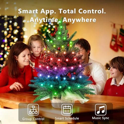 Brizled Smart Mini Christmas Tree, 22.8in DIY Smart-Lit Tabletop Tree with 75 LED RGB Lights, App/Voice Control 159+ Scenes Mini Xmas Tree USB C Music Small Tree Work with PD Power for Fireplace Desk