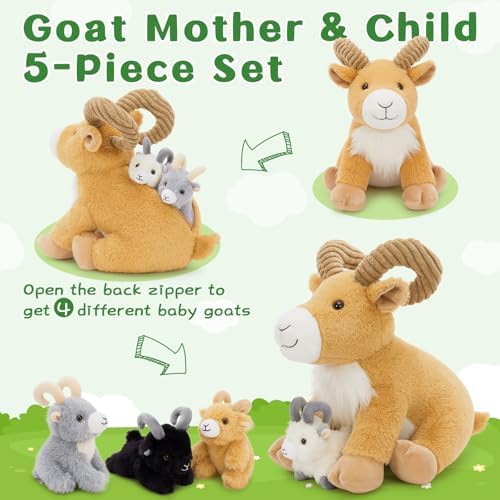 MorisMos Goat Stuffed Animal, 15" Mama Goat Plush with 4 Baby Goats