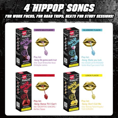 AMOS Music Lollipop Candy Suckers – TastySounds Audio Hip Hop Singing Lollipop, Assorted Fruit Flavors, Sugar-Free, Low-Calorie Snack, 4-Pack Gift Box