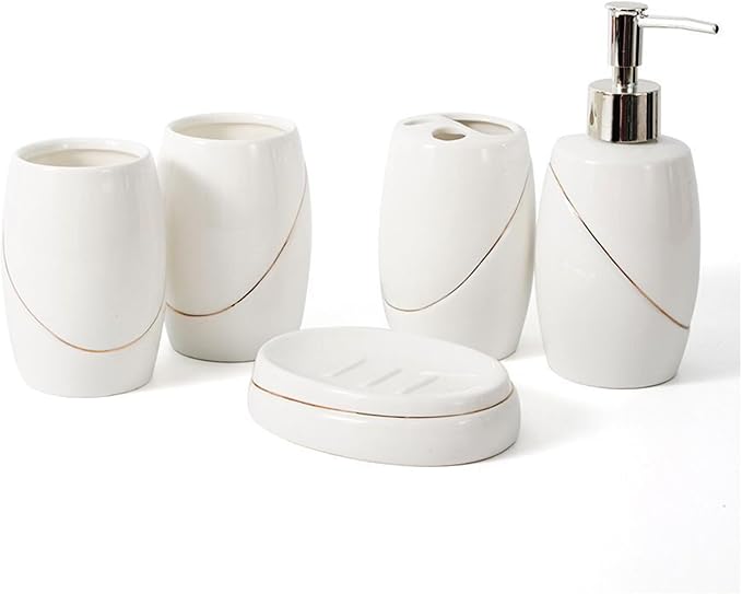 Soap Dispenser Set White, Set of 5 Bathroom Accessories, with 2 Toothbrush Cups, Soap Dish, Toothbrush Cup, Ceramic Soap Dispenser, for Bathrooms, Apartments, Dormitories,White Gold