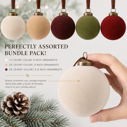 30 Pack Velvet Flocked Christmas Ornaments Set – Premium Shatterproof Christmas Ball Ornaments with Brass Metal Caps, Assorted Sizes for Christmas Tree, Holiday & Seasonal Home Décor
