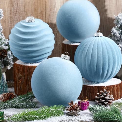 Syhood 4 Pcs 6 Inch Velvet Christmas Balls Large Ornaments, Dusty Blue