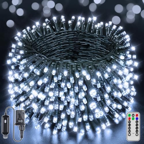 BrightChristmas 1000 LED 328 FT Outdoor String Lights with Remote and Timer, Dimmable with 8 Modes, Waterproof, Cool White Fairy Lights for Christmas Tree & Holiday Decor