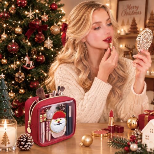 Abbylike 1 Pcs Christmas Preppy Patch Makeup Bags Bulk Polyester Holiday Makeup Bag Skincare Pouch Xmas Zipper Cosmetic Pouch Preppy Thing for Travel Christmas Women Gift (Classic, Claret)