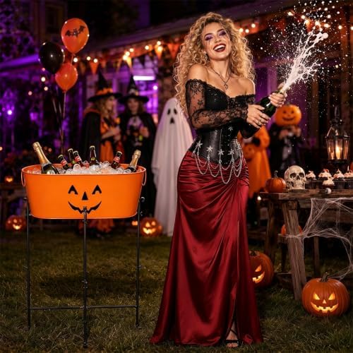 5.5 Gal Halloween Galvanized Ice Buckets with Stand,Halloween Candy Bucket