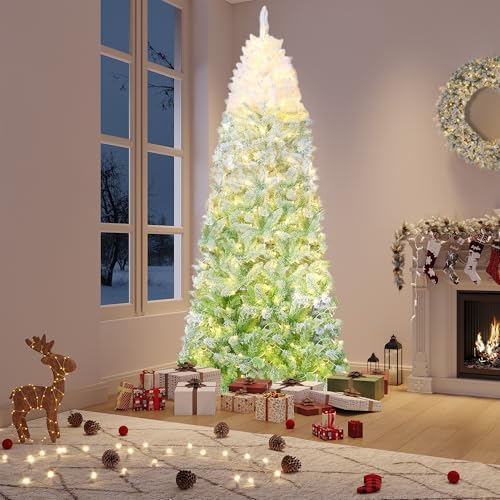 GarveeHome 6 ft Prelit Artificial Christmas Tree with RGB & Warm White Lights, Pre-Lit Snow Flocked Pencil Christmas Tree, Foldable Base,Holiday Decoration for Home, Office, Party,Green Gradient