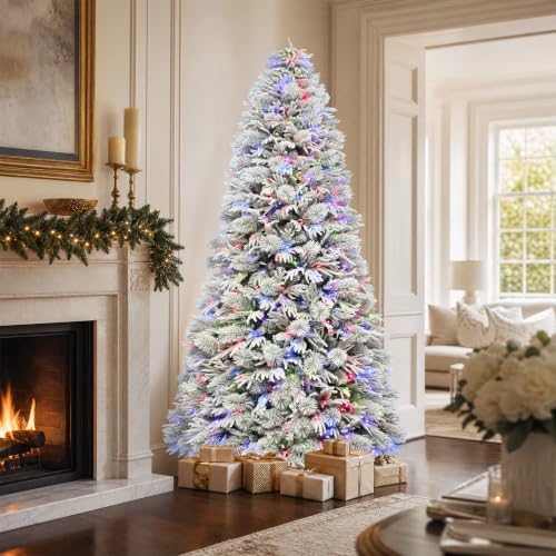 Hykolity 9ft Prelit Premium Flocked Christmas Tree with 700 Multicolor LEDs