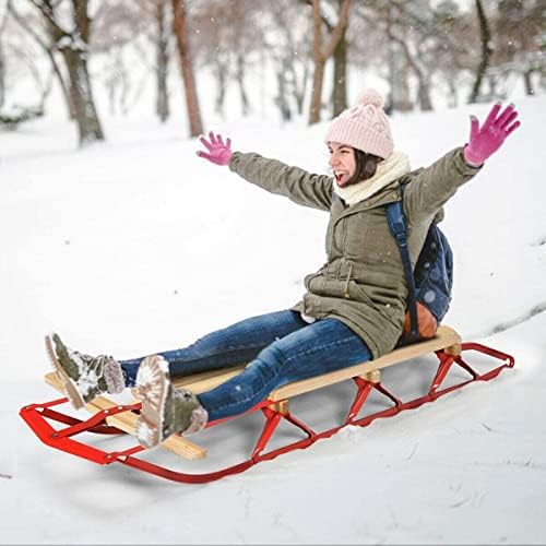 GLACER Wooden Sled, 54 Inches Snow Slider w/Metal Runners & Steering Bar, Sleigh Toboggan Pull Sled for Kids & Adults, Steel & Wood
