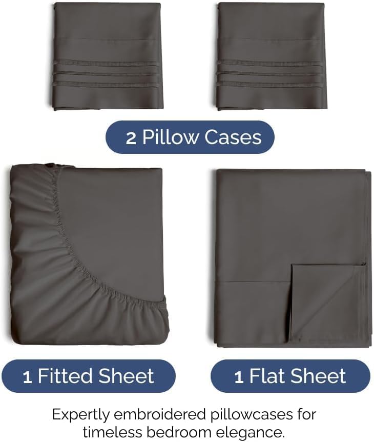 Queen Size 4 Piece Sheet Set - Comfy Breathable & Cooling Sheets - Charcoal