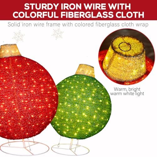 Hykolity 2 Pack 30" & 24" Pop-Up Iron Christmas Ornament Set, 230 Warm White LEDs with UL Transformer, 8 Light Functions & 18H Timer, Red & Green